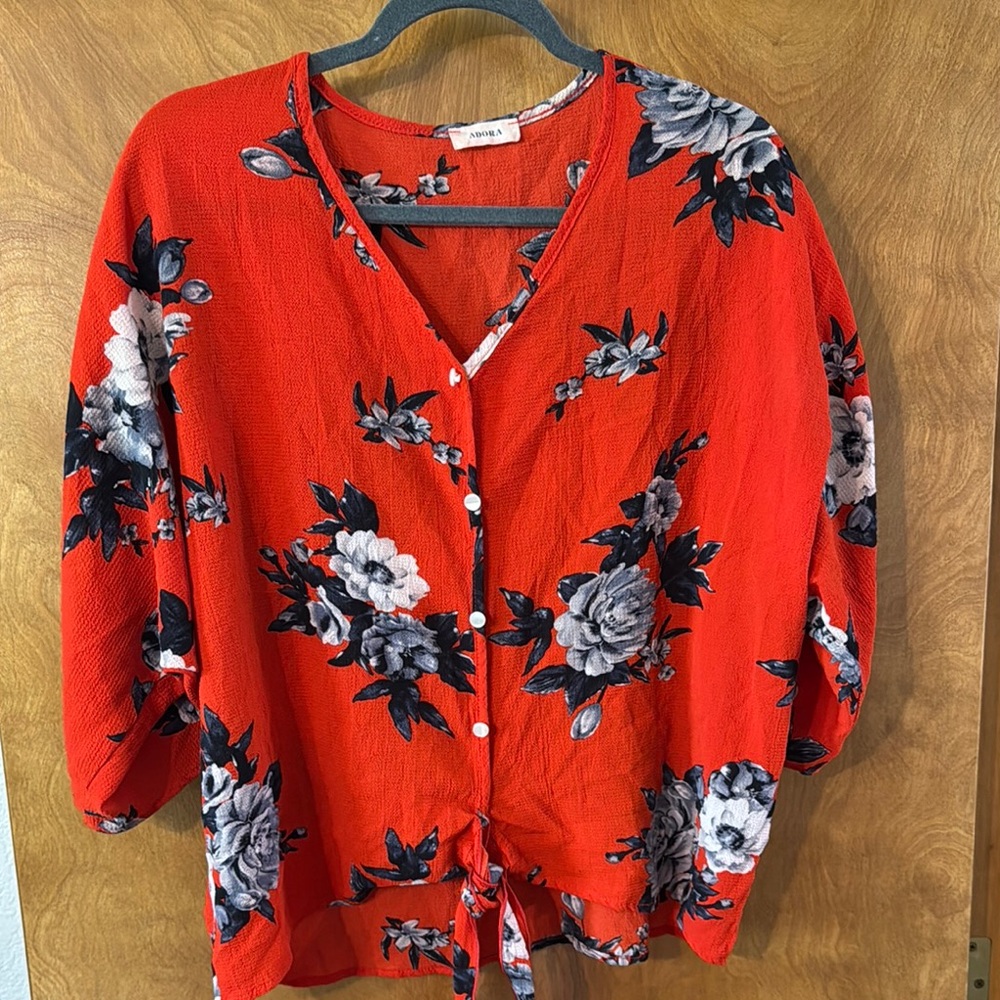 Floral Red Button-Up Top
